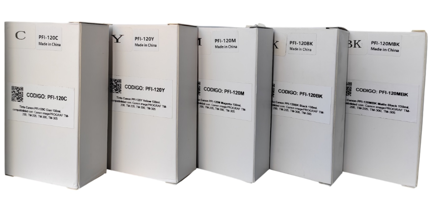 Compra Kit de Tintas Genéricos Canon PFI-120 130ml. 5 colores para plotter Canon imagePROGRAF TM-200, TM-205, TM-300 y TM-305. ahorro en impresión.