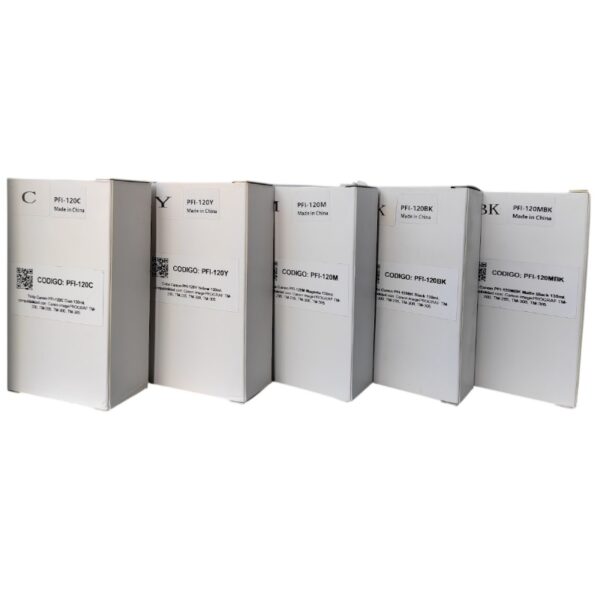 Compra Kit de Tintas Genéricos Canon PFI-120 130ml. 5 colores para plotter Canon imagePROGRAF TM-200, TM-205, TM-300 y TM-305. ahorro en impresión.