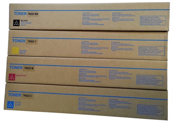 Compra Kit de Toner Konica Minolta TN-223 compatible CMYK para Bizhub C226, C256, C266, C7222 y C7226. Alto rendimiento y excelente calidad de impresión.