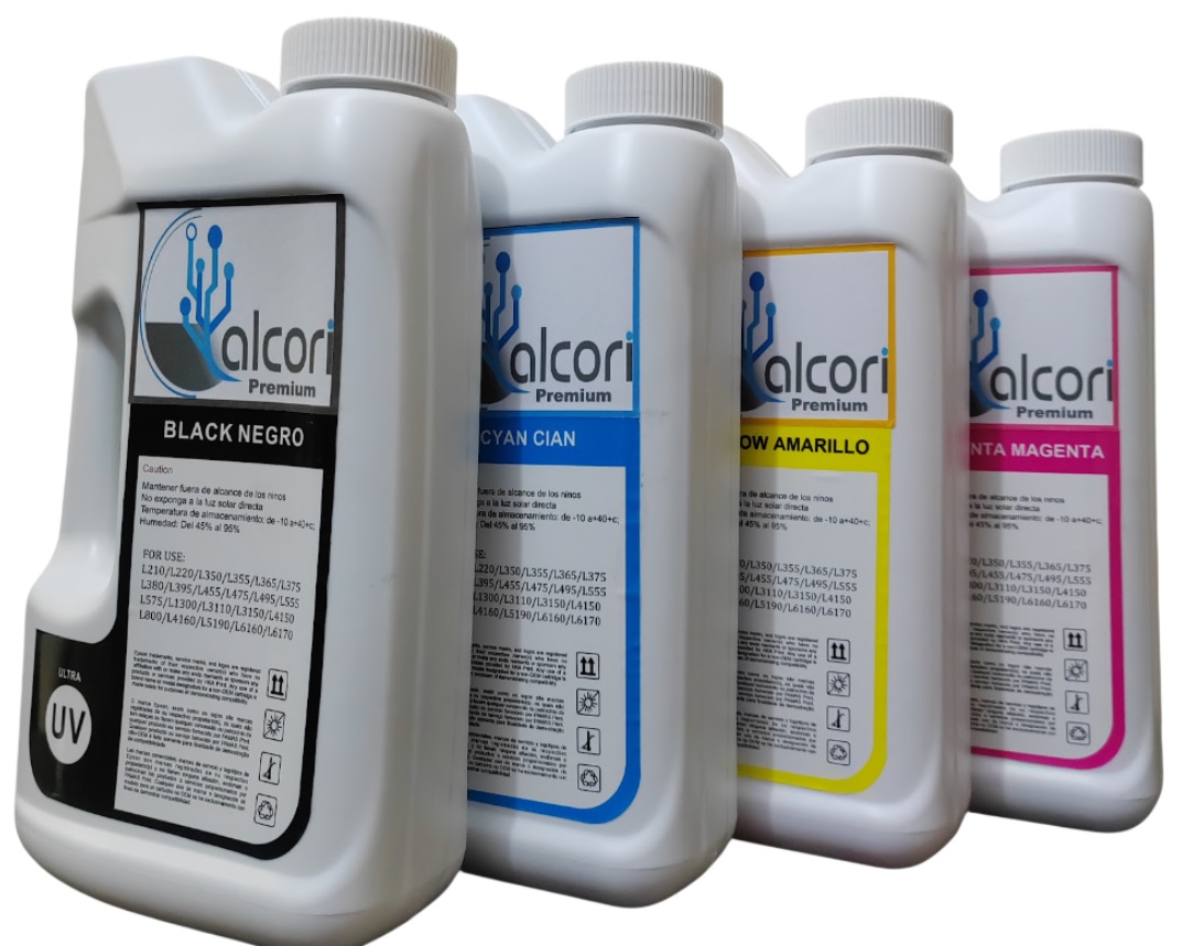 Kits de Tintas de 1 Litro CMYK para Impresoras con tanque continuo. Compatible con HP, Epson, Canon y Brother. Colores vivos, alto rendimiento y gran ahorro.