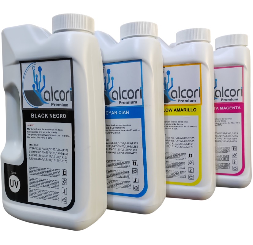 Kits de Tintas de 1 Litro CMYK para Impresoras con tanque continuo. Compatible con HP, Epson, Canon y Brother. Colores vivos, alto rendimiento y gran ahorro.