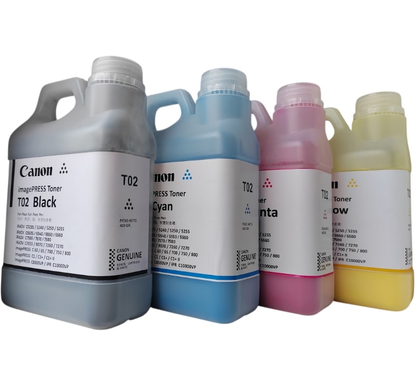 Compra Kit de Insumos de Recarga Canon T02 CMYK 400g compatible con ImageRUNNER ADVANCE e ImagePRESS. Ideal para recargar cartuchos Canon.